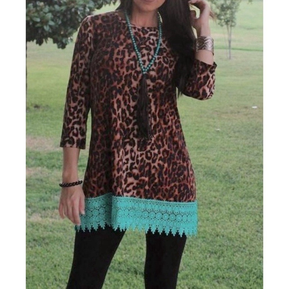 L&B XL Tunic Top Leopard Print Teal Crochet Hem Women's Western Cowgirl Rodeo